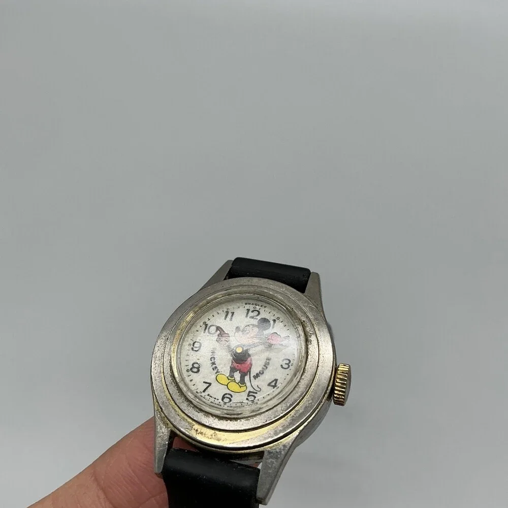 Vintage Bradley Boys Watch 26mm Mickey Mouse Swiss Manual Black Rubber Strap